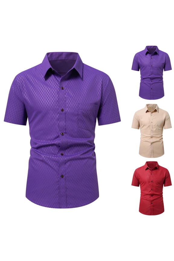 Men's Short Sleeve Business Casual Shirt Argyle Jacquard Button Down Shirt for Work Daily Wear Purple Size M
