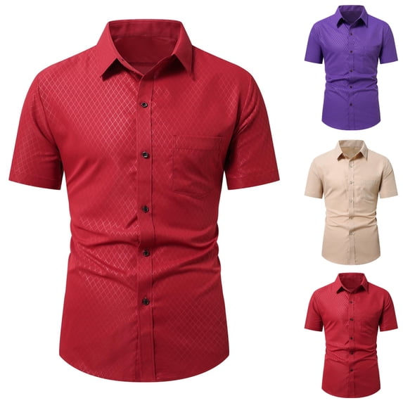 SGFCWSX Men's Short Sleeve Business Casual Shirt Argyle Jacquard Button Down Shirt for Work Daily Wear Red Size XL