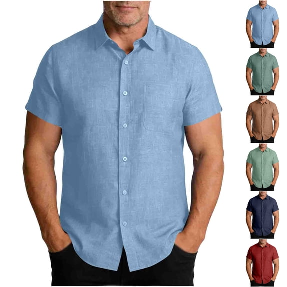 SGFCWSX Men's Short Sleeve Button Down Shirt Linen Blend Casual Business Shirt with Chest Pocket Blue Size L