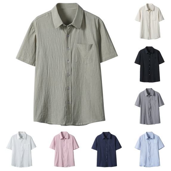SGFCWSX Men's Short Sleeve Button Up Shirt Lightweight Wrinkle Texture Casual Solid Color Loose Fit Shirt for Men Summer Beach Army Green Size XL