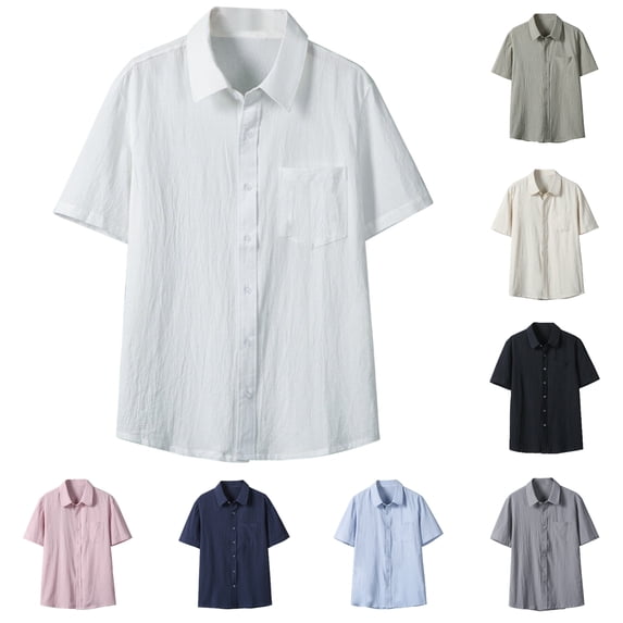 SGFCWSX Men's Short Sleeve Button Up Shirt Lightweight Wrinkle Texture Casual Solid Color Loose Fit Shirt for Men Summer Beach White Size M