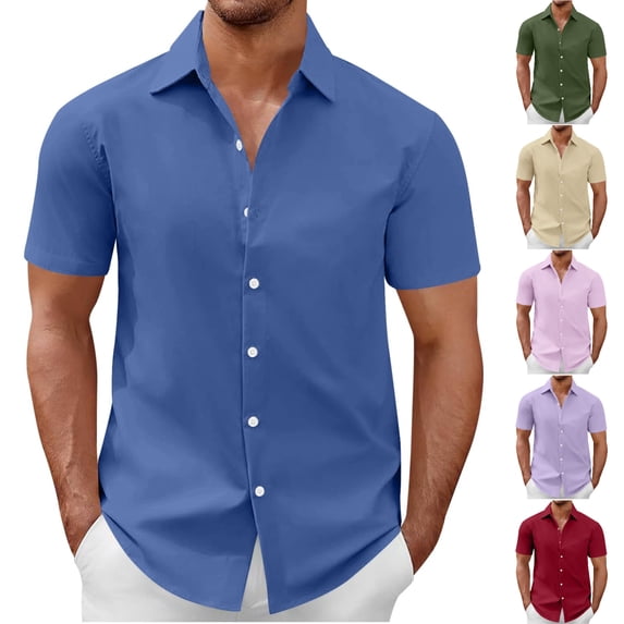 SGFCWSX Men's Short Sleeve Dress Shirt Button Down, Plain Design Lightweight Summer Office Daily Outfit Dark Blue Size 2XL