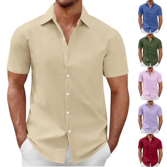 SGFCWSX Men's Short Sleeve Dress Shirt Button Down, Plain Design Lightweight Summer Office Daily Outfit Khaki Size 3XL