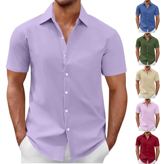 SGFCWSX Men's Short Sleeve Dress Shirt Button Down, Plain Design Lightweight Summer Office Daily Outfit Purple Size M