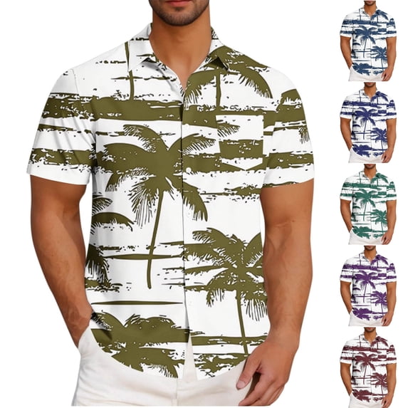 SGFCWSX Men's Short Sleeve Hawaiian Shirt Button Down, Palm Tree Print Stylish Summer Tropical Casual Outfit Army Green Size 4XL