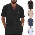 thumbnail image 1 of SGFCWSX Men's Short Sleeve Linen Shirt Button Down, Camp Collar Double Pocket Summer Beach Vacation Party Casual Wear Black Size 3XL, 1 of 10