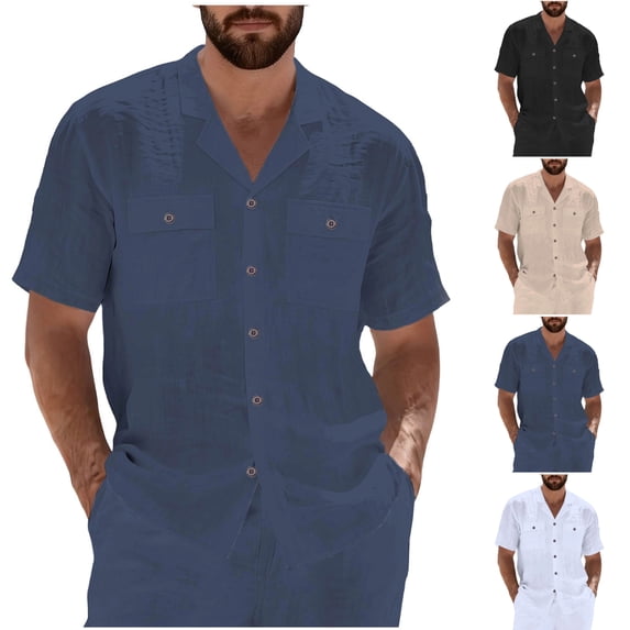 SGFCWSX Men's Short Sleeve Linen Shirt Button Down, Camp Collar Double Pocket Summer Beach Vacation Party Casual Wear Navy Size L