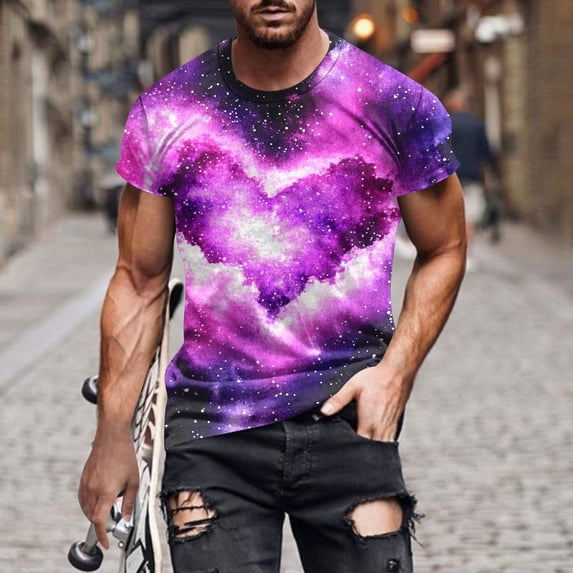 SGFCWSX Men's Short Sleeve T-Shirt, Casual Graphic Print Heart Pattern Crewneck Tee for Men Multicolor Size XL