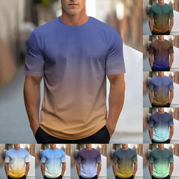 SGFCWSX Men's Short Sleeve T-Shirts, Gradient Casual Crewneck Everyday Wear Tee for Men Blue Size 2XL