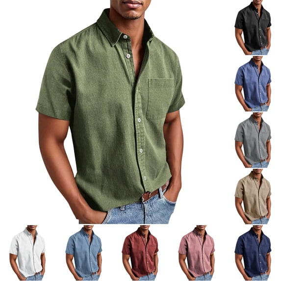 SGFCWSX Men's Short Sleeve Textured Shirt Button Down, Single Chest Pocket Stylish Summer Business Casual Outfit Army Green Size XL