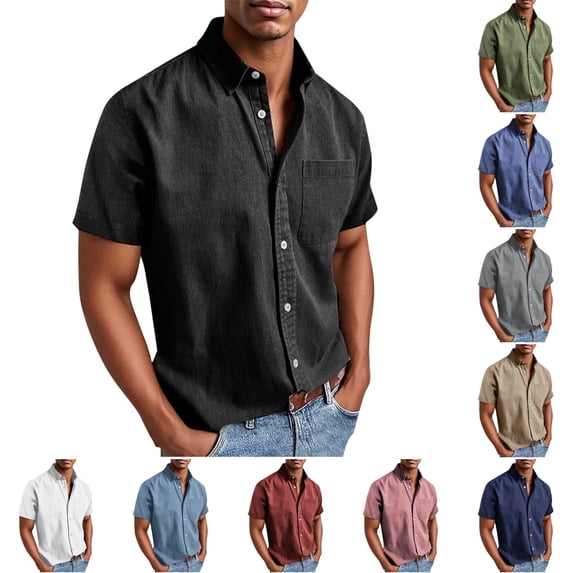 SGFCWSX Men's Short Sleeve Textured Shirt Button Down, Single Chest Pocket Stylish Summer Business Casual Outfit Black Size L
