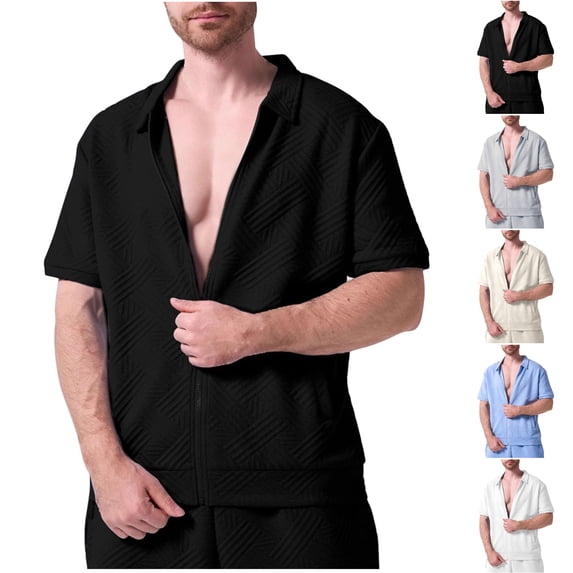 SGFCWSX Men's Short Sleeve Textured Zip Up Shirt, Camp Collar Summer Beach Vacation Casual Outfit Black Size M