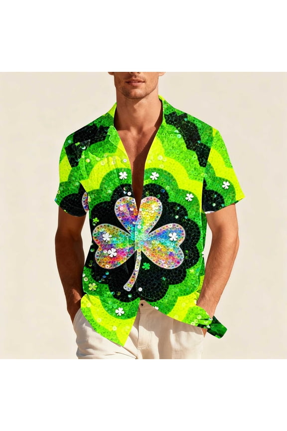 Men's St. Patrick's Day Short Sleeve Shirt Gradient Celtic Shamrock Print Button Down Daily Casual Shirt Green Size 3XL
