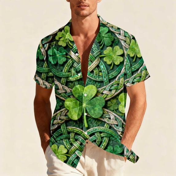 SGFCWSX Men's St. Patrick's Day Short Sleeve Shirt Print Button Down Party Shirt Green Size L