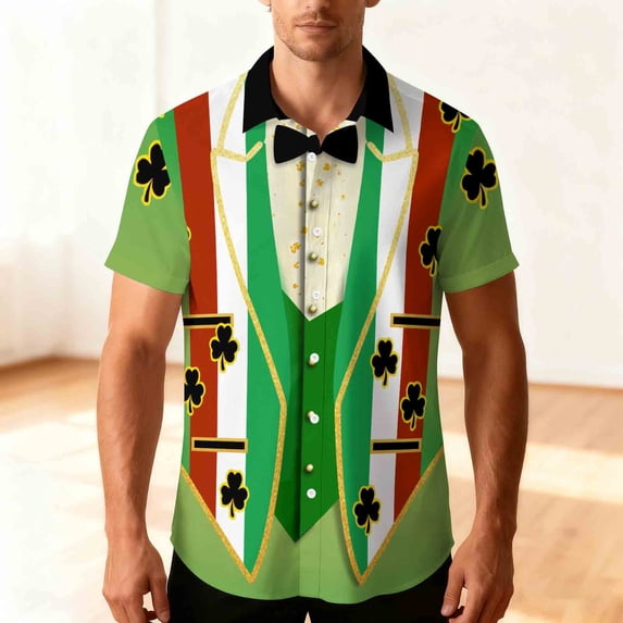SGFCWSX Men's St. Patrick's Day Short Sleeve Shirt Tuxedo Shamrock Print Button Down Party Costume Shirt Green Size XL