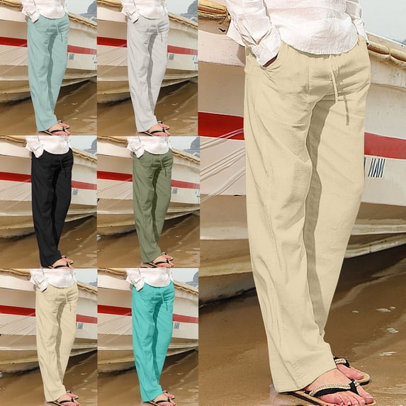 SGFCWSX Men's Straight Leg Pants with Pockets Drawstring Elastic Waist Solid Color Casual Trousers Khaki Size 2XL