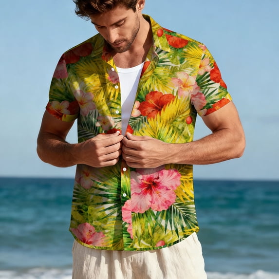 SGFCWSX Men's Summer Beach Short Sleeve Shirt Tropical Floral Hibiscus Print Button Down Casual Shirt Yellow Size XL