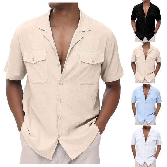 SGFCWSX Men's Summer Short Sleeve Button Down Shirt Linen Casual Camp Collar Shirt for Daily Wear Khaki Size L