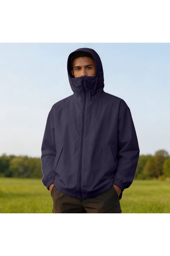 Men's Sun Protection Jacket with Face Cover Loose Fit Hooded Full Zip Windbreaker with Pockets for Outdoor Hiking Dark Blue Size XL