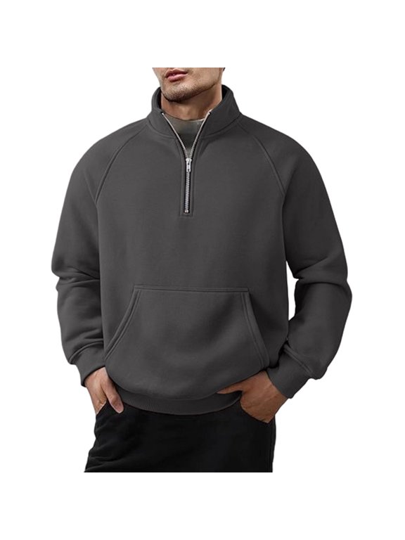 Men's Sweatshirt Fleece Mock Neck Half Zip Raglan Sleeve Front Pocket Relaxed Fit Daily Top for Men Dark Gray Size L