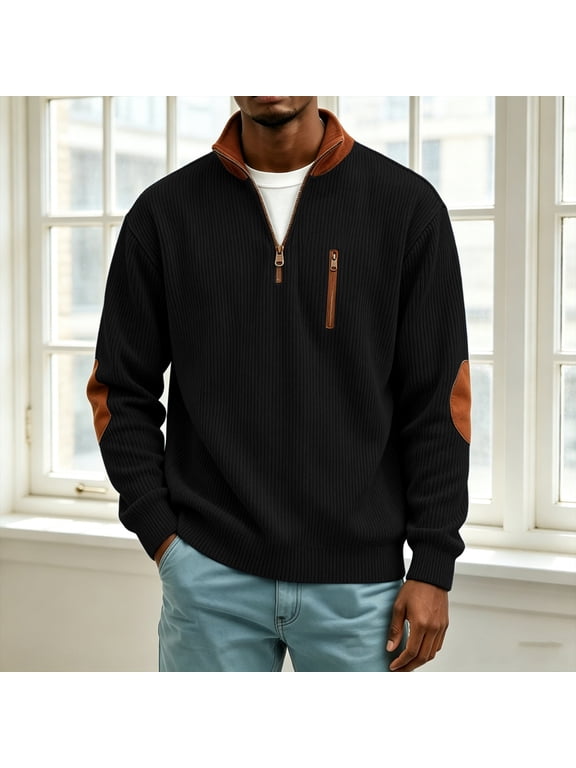 Men's Sweatshirt Mock Neck Half Zip Corduroy Ribbed Elbow Patches Relaxed Fit Long Sleeve Top for Men Black Size S