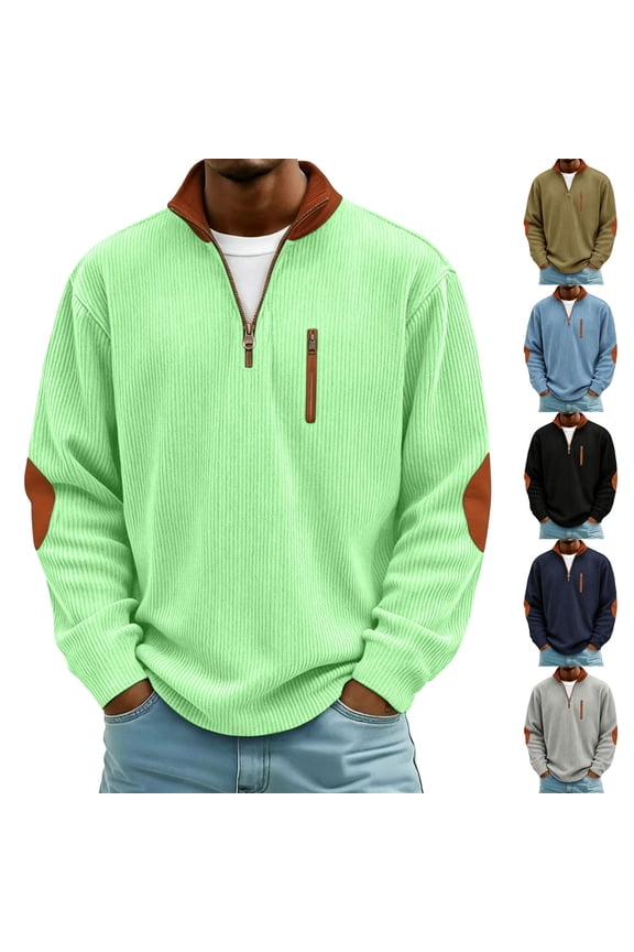 Men's Sweatshirt Mock Neck Half Zip Corduroy Ribbed Elbow Patches Relaxed Fit Long Sleeve Top for Men Mint Green Size S