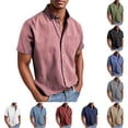 thumbnail image 1 of SGFCWSX Men's Textured Shirt Short Sleeve Button Down, Single Chest Pocket Lightweight Breathable Summer Casual Workwear Pink Size S, 1 of 7