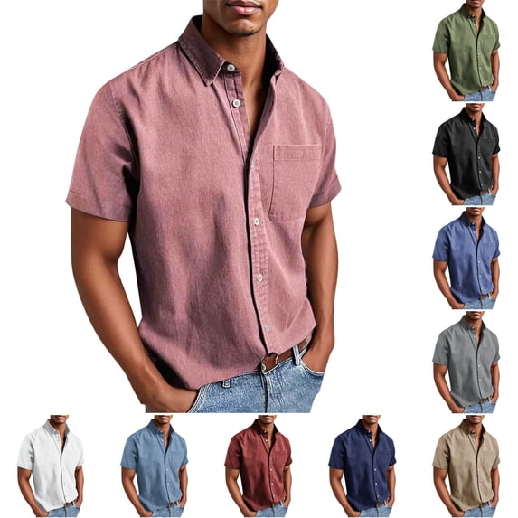 SGFCWSX Men's Textured Shirt Short Sleeve Button Down, Single Chest Pocket Lightweight Breathable Summer Casual Workwear Pink Size S
