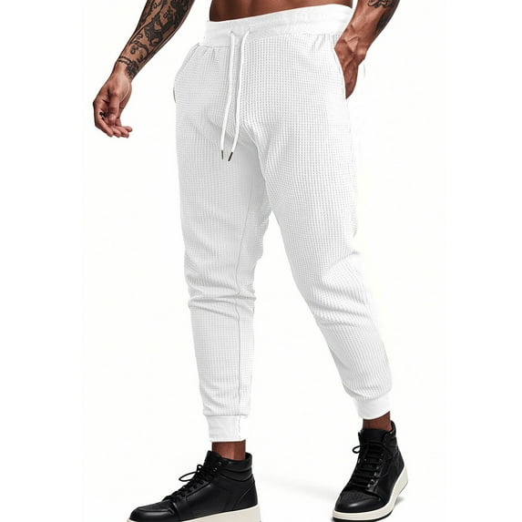 SGFCWSX Men's Waffle-Knit Pants,Breathable Classic Fit Drawstring Waist Casual Trousers White XL
