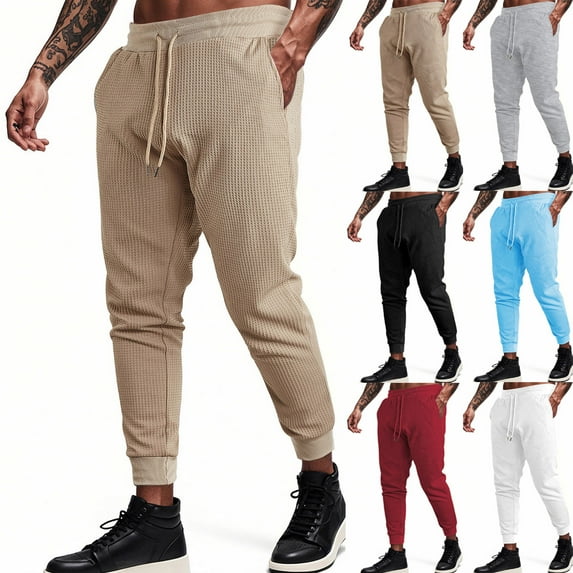 SGFCWSX Men's Waffle-Knit Pants,Classic Fit Drawstring Waist Breathable Casual Trousers Khaki L