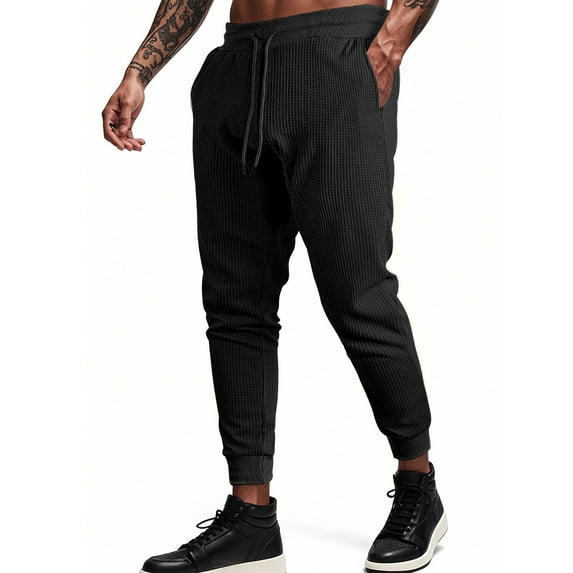 SGFCWSX Men's Waffle-Knit Pants,Drawstring Waist Classic Fit Breathable Casual Trousers Black L
