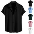 thumbnail image 1 of SGFCWSX Men's Waffle Knit Short Sleeve Camp Collar Button Up Casual Solid Color Shirt Black Size 2XL, 1 of 5