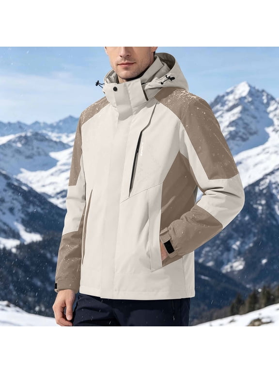 Men's Waterproof Jacket Windproof Hooded Adjustable Cuffs Breathable Color Block Outdoor Windbreaker Khaki Size M