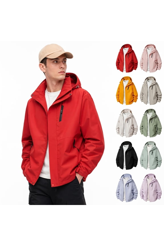 Men's Waterproof Jacket Windproof Hooded Stand Collar Zipper Pockets Breathable Camping Jackets Red Size XL