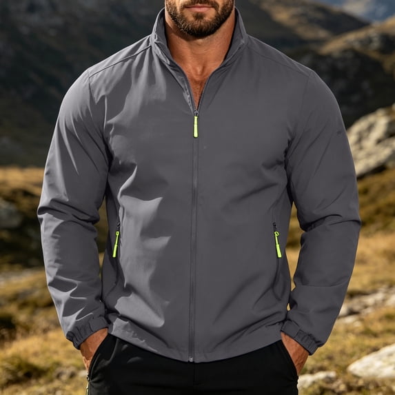 SGFCWSX Men's Windbreaker Water Resistant Windproof Stand Collar Full Zip Zipper Pockets Casual Athletic Jacket Dark Gray Size S