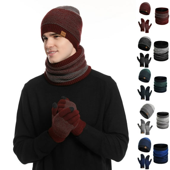 SGFCWSX Men's Winter Warm Woolen Hat,Color Blocked Warm Three Piece Set Knitted Hat Scarf Glove Set Wine Free Size