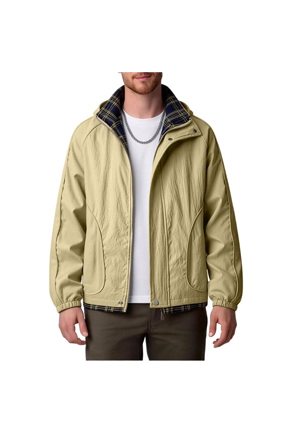 Men's Zip Up Jacket Stand Collar Plaid Lining Elastic Cuffs Side Hand Pockets Wind Resistant Coat Yellow Size M