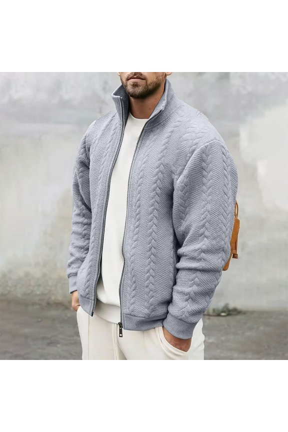 Men's Zip Up Sweater Jacket Cable Knit Stand Collar Ribbed Cuffs Casual Coat with Pockets Gray Size M