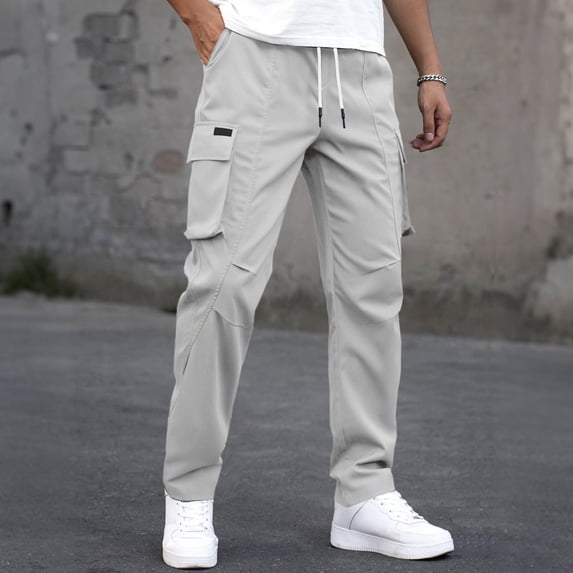 SGFCWSX Mens Cargo Pants Elastic Waist Drawstring Multi Pockets Stretch Lightweight Straight Leg Casual Athletic Outdoor Work Pants Gray Size M