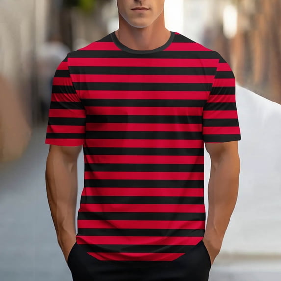 SGFCWSX Mens Crewneck T-Shirt, Striped Short Sleeve Versatile Daily Essential Top for Men Red Size XL