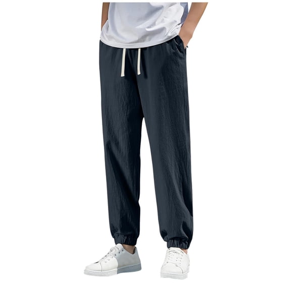 SGFCWSX Mens Cropped Jogger Pants with Pockets Drawstring Elastic Waist Casual Trousers Navy Size L