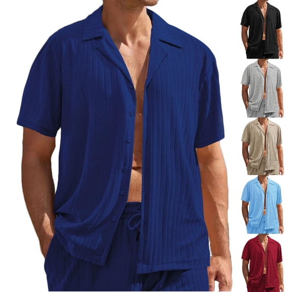 SGFCWSX Mens Cuban Collar Short Sleeve Button Up Shirt Ribbed Texture Casual Shirt for Men Summer Daily Wear Navy Size S