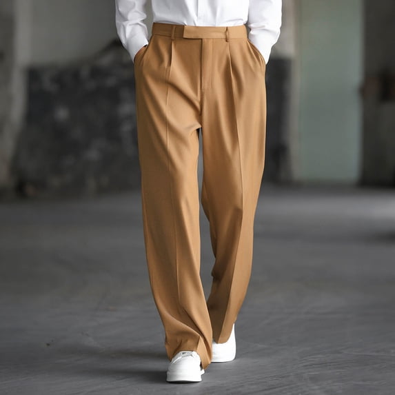 SGFCWSX Mens Dress Pants High Waisted Wide Leg Pleated Drapey Pockets Business Casual Daily Wear Trousers Khaki Size S