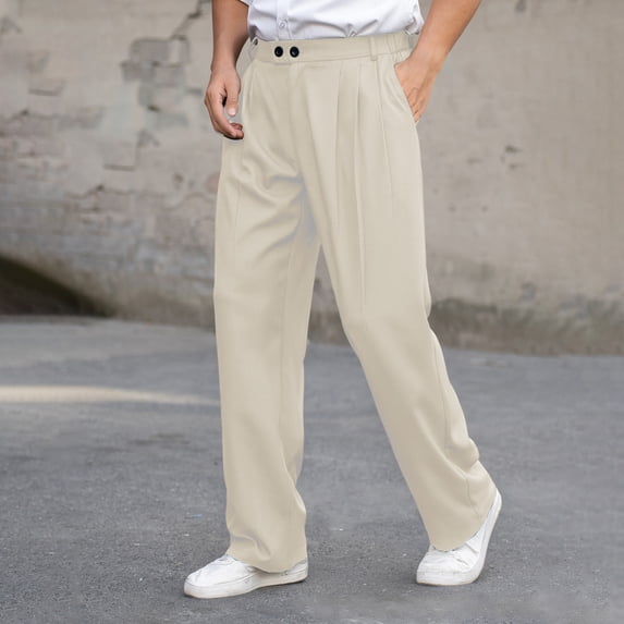 SGFCWSX Mens Dress Pants Wide Leg Pleated Double Button Waist Pockets Drapey Business Casual Daily Wear Trousers Beige Size 2XL