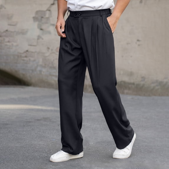 SGFCWSX Mens Dress Pants Wide Leg Pleated Double Button Waist Pockets Drapey Business Casual Daily Wear Trousers Black Size L