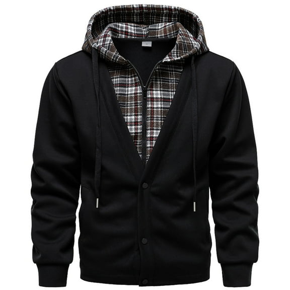 SGFCWSX Mens Fake Two Piece Plaid Lined Hooded Cardigan Jacket Casual Button Down Zip Up Coat Black Size 2XL