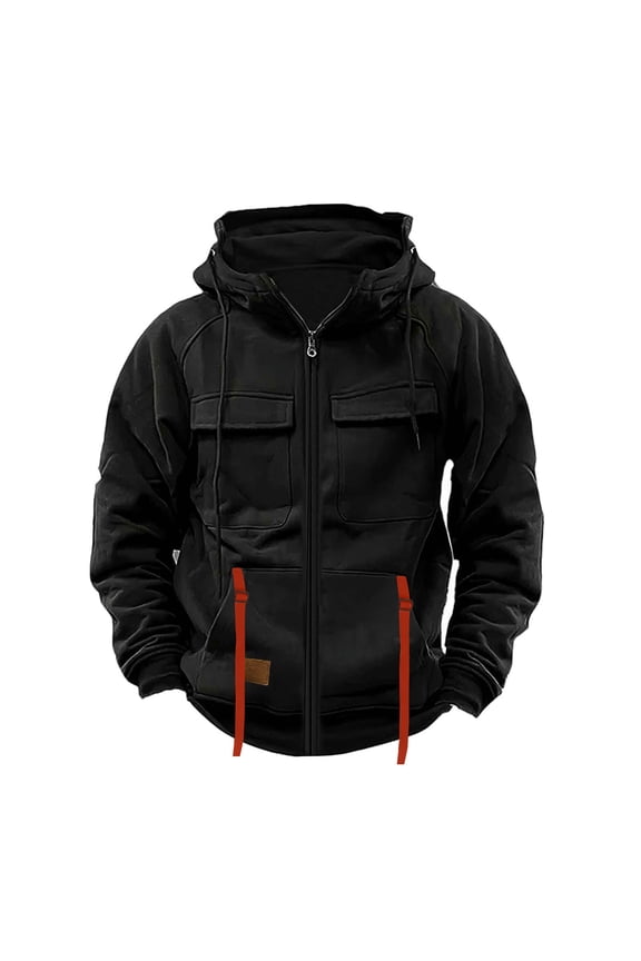 Mens Fleece Jacket with Hood Men with Pockets Full Zip Outdoor Vintage Casual Coat Black Size S