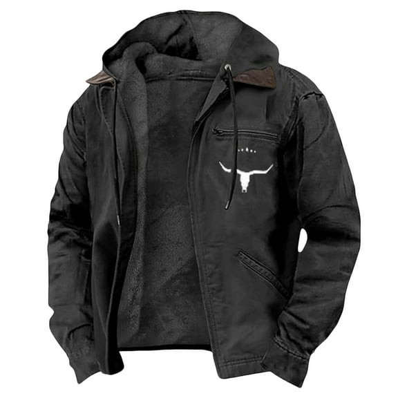 SGFCWSX Mens Fleece Jacket with Pockets Men Hooded Western Cowboy Denim Graphic Zip up Casual Coats Black Size XL