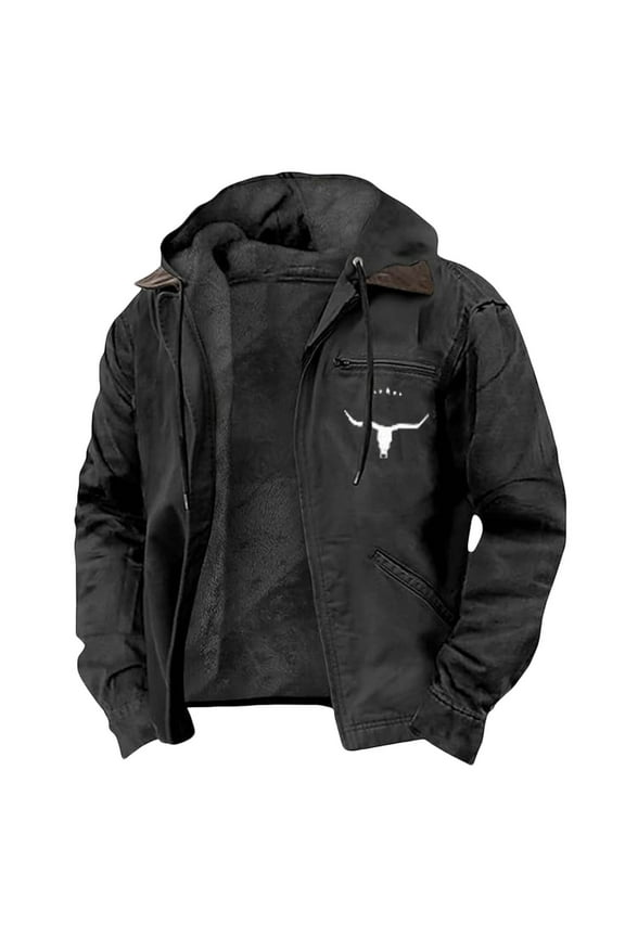 Mens Fleece Jacket with Pockets Men Hooded Western Cowboy Denim Graphic Zip up Casual Coats Black Size XL