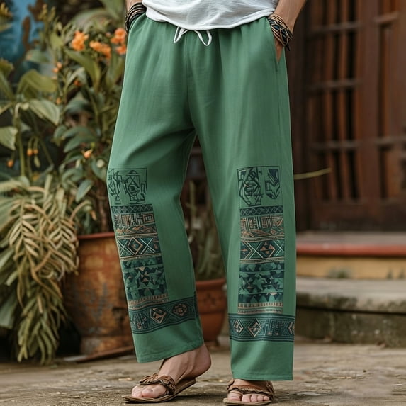 SGFCWSX Mens Harem Pants Elastic Waist Drawstring Patchwork Loose Boho Hippie Beach Casual Pants Green Size 2XL